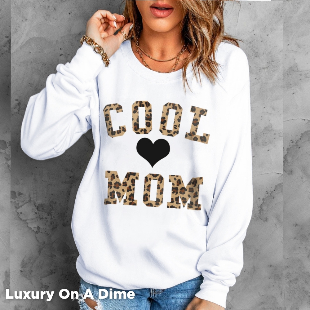 Leopard COOL MOM Heart Graphic Top Long-sleeve Pullover Casual Sweatshirt - Picture 1 of 5